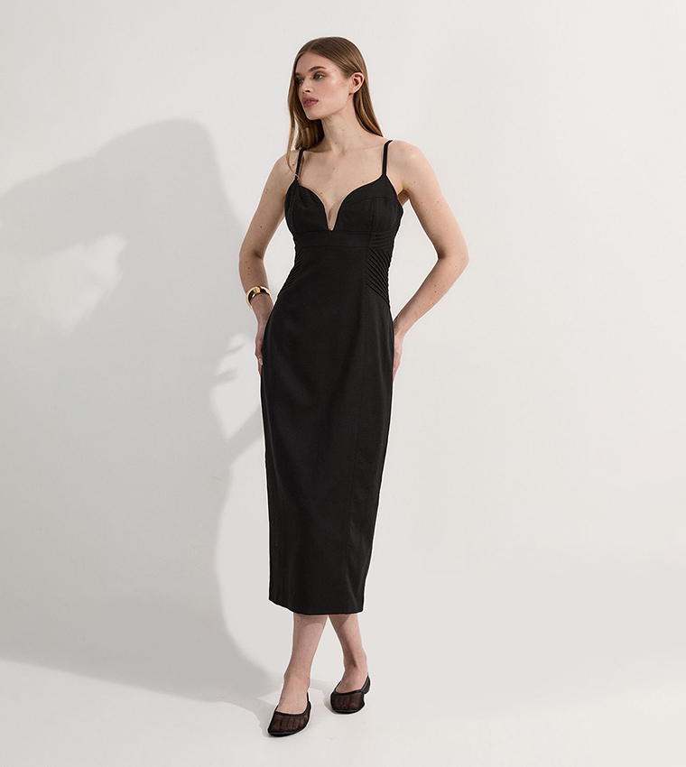 Premium Linen Pintuck Detail Pencil Midi Dress