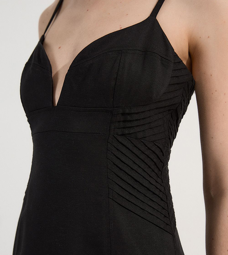 Premium Linen Pintuck Detail Pencil Midi Dress