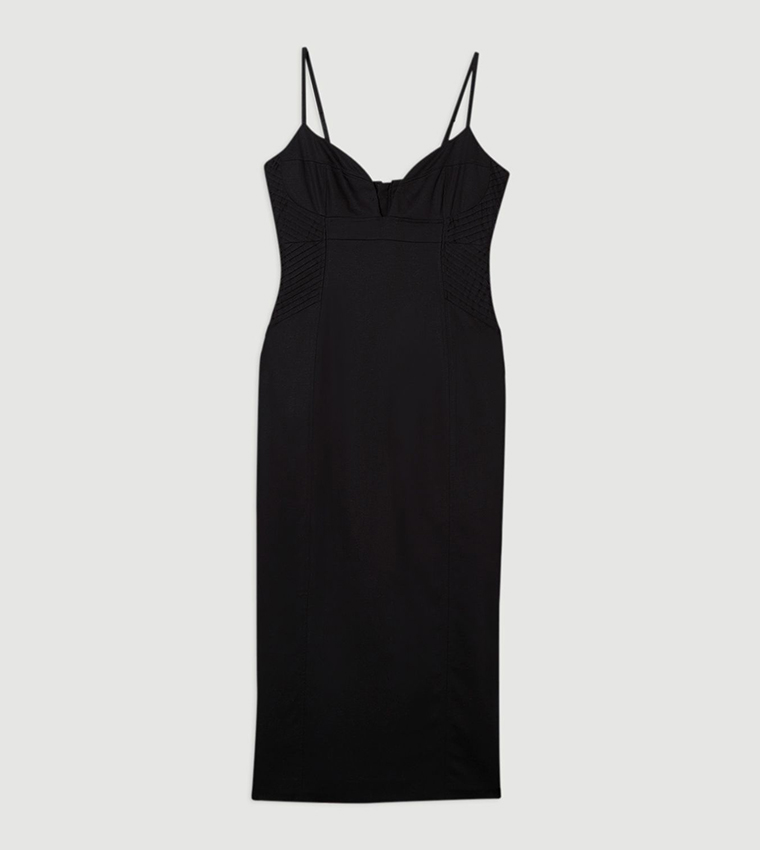Premium Linen Pintuck Detail Pencil Midi Dress