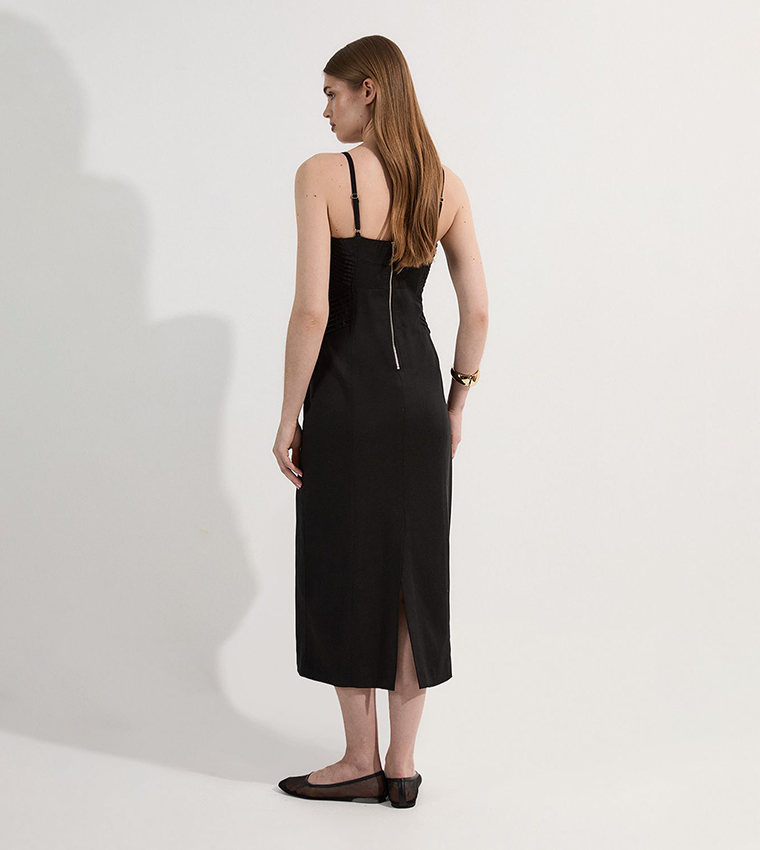 Premium Linen Pintuck Detail Pencil Midi Dress