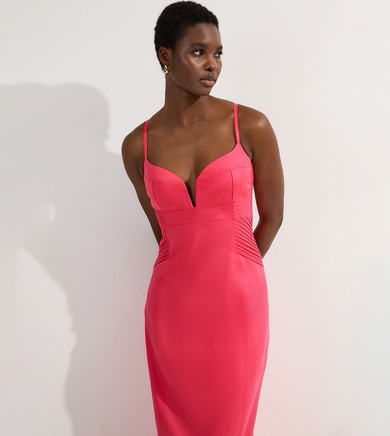 Premium Linen Pintuck Detail Pencil Midi Dress