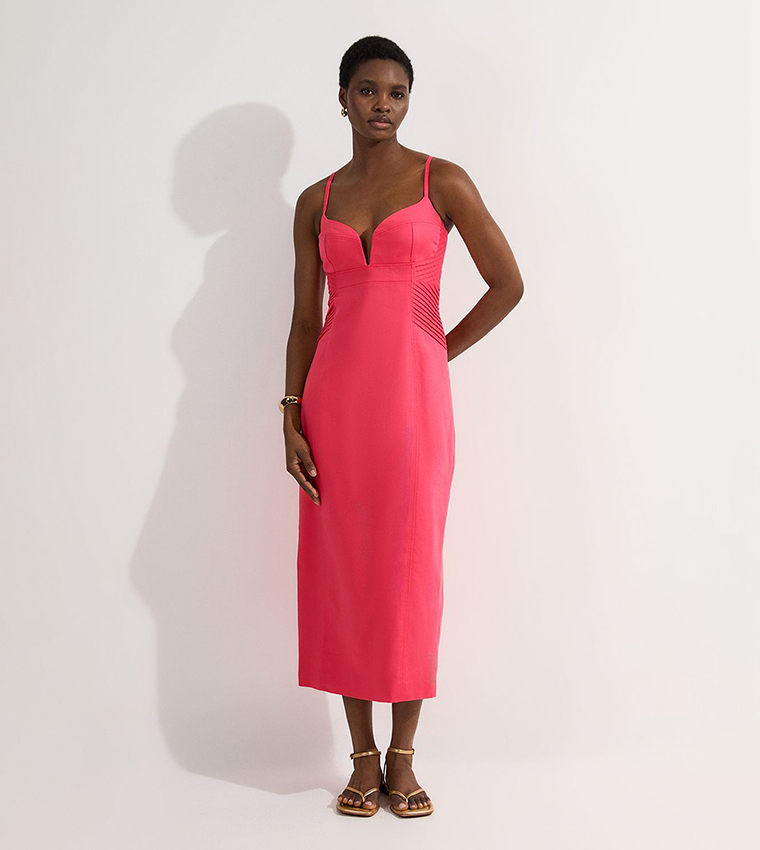 Premium Linen Pintuck Detail Pencil Midi Dress