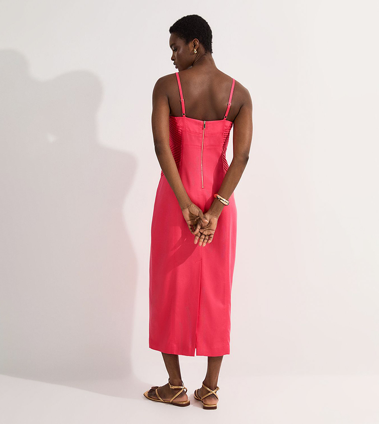 Premium Linen Pintuck Detail Pencil Midi Dress