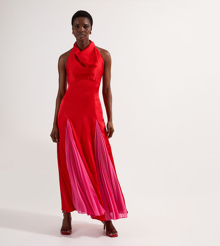 Buy Karen Millen Halter Neck Pleat Insert Woven Maxi Dress In Red