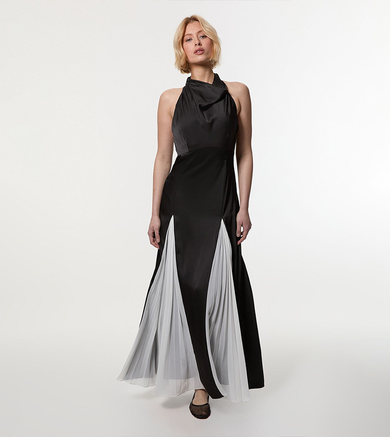 Halter Neck Pleat Insert Woven Maxi Dress