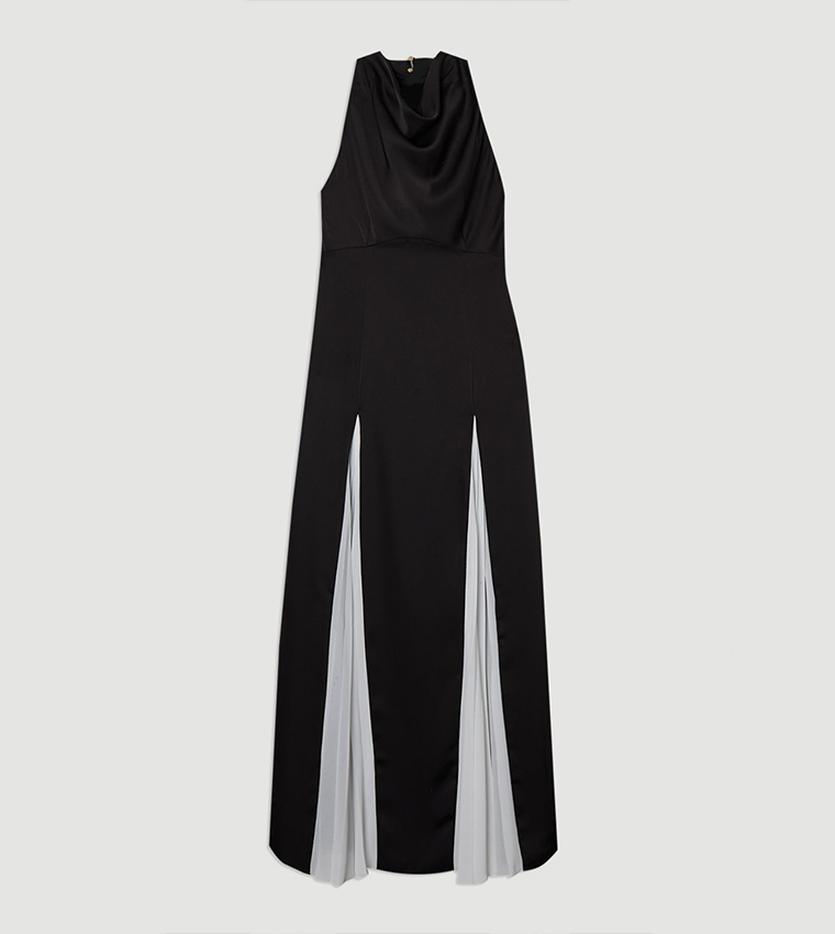 Halter Neck Pleat Insert Woven Maxi Dress