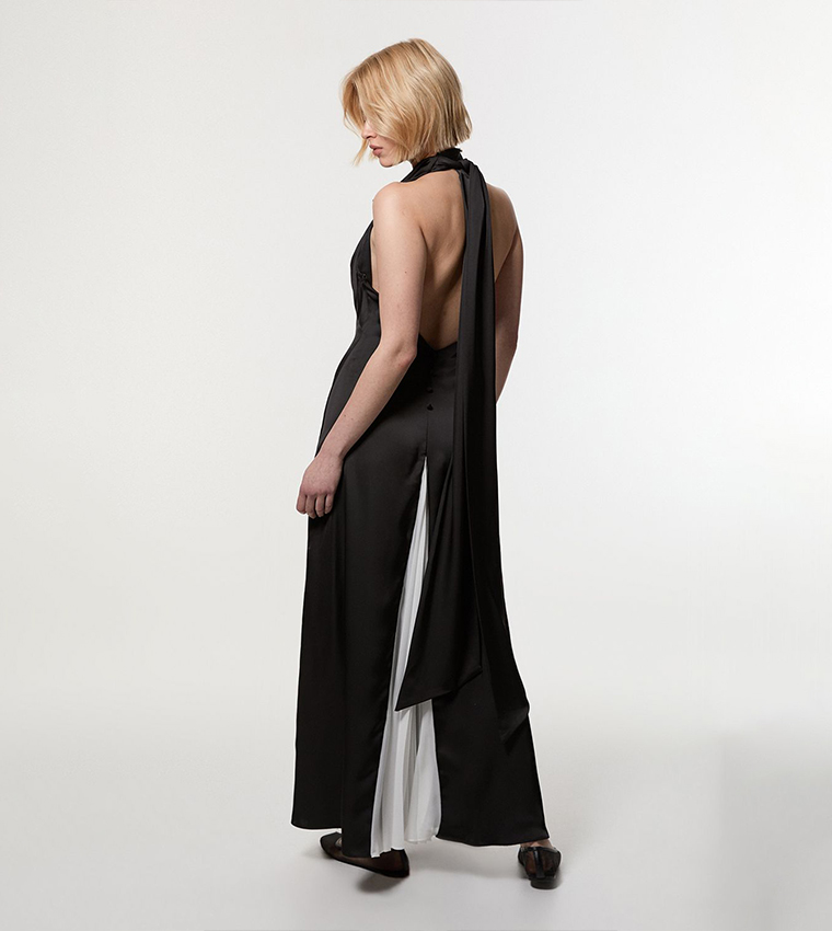 Halter Neck Pleat Insert Woven Maxi Dress