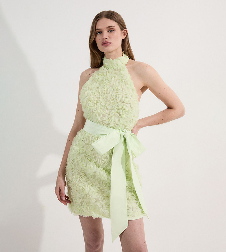 Buy Karen Millen Rosette Halter Neck Woven Mini Dress With Belt In Green |  6thStreet UAE