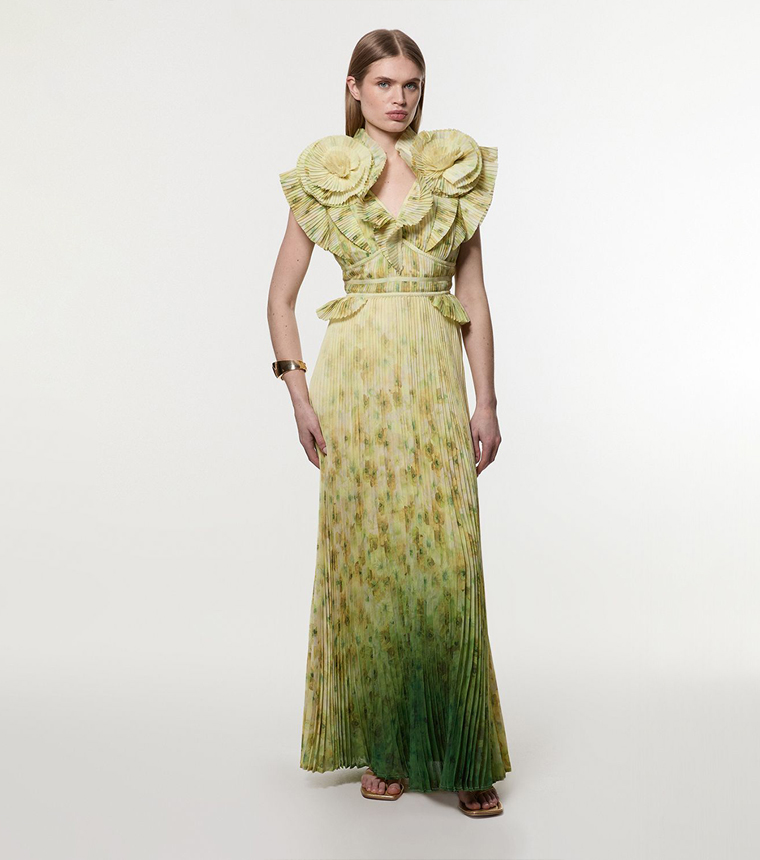 Petite Pleated Maxi Dress with Rosette Detail