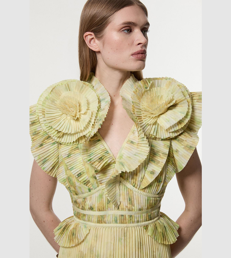 Petite Pleated Maxi Dress with Rosette Detail