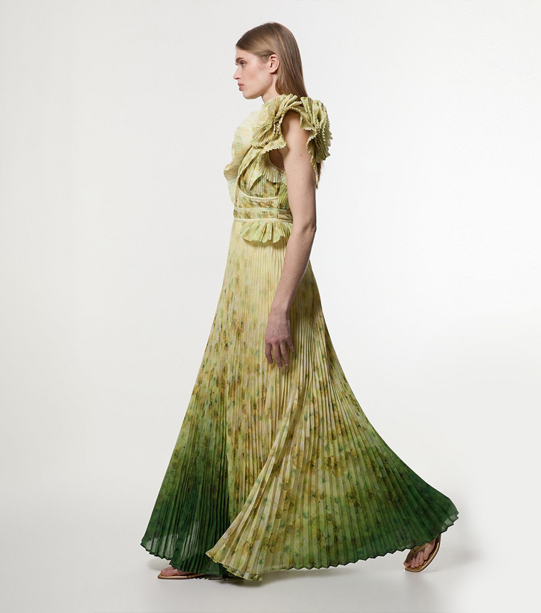 Petite Pleated Maxi Dress with Rosette Detail