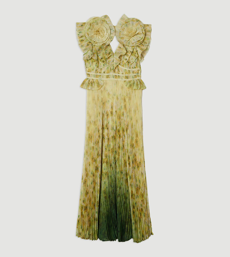 Petite Pleated Maxi Dress with Rosette Detail