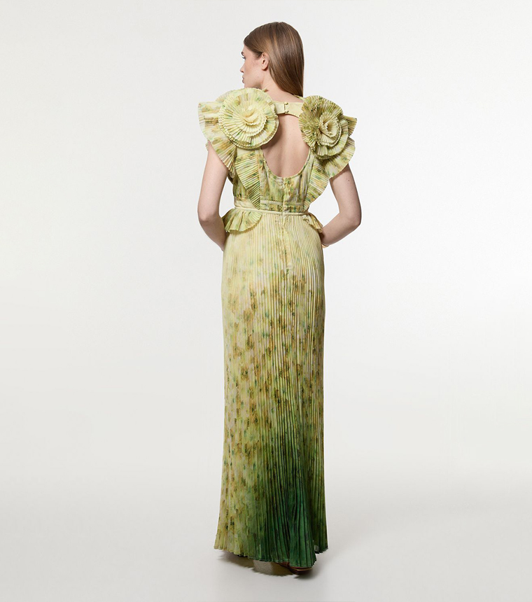 Petite Pleated Maxi Dress with Rosette Detail