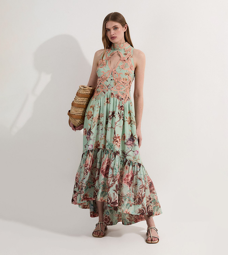 Floral Print Appliqued Lace Maxi Dress
