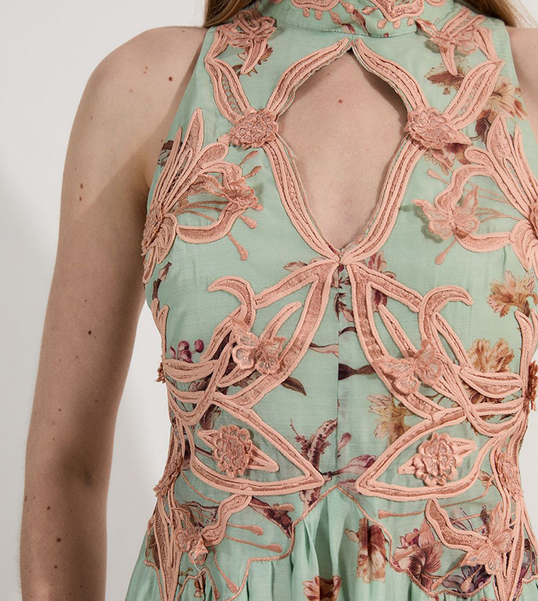 Floral Print Appliqued Lace Maxi Dress