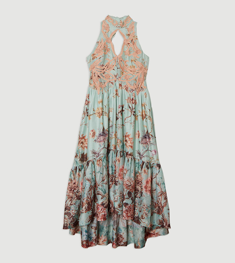 Floral Print Appliqued Lace Maxi Dress