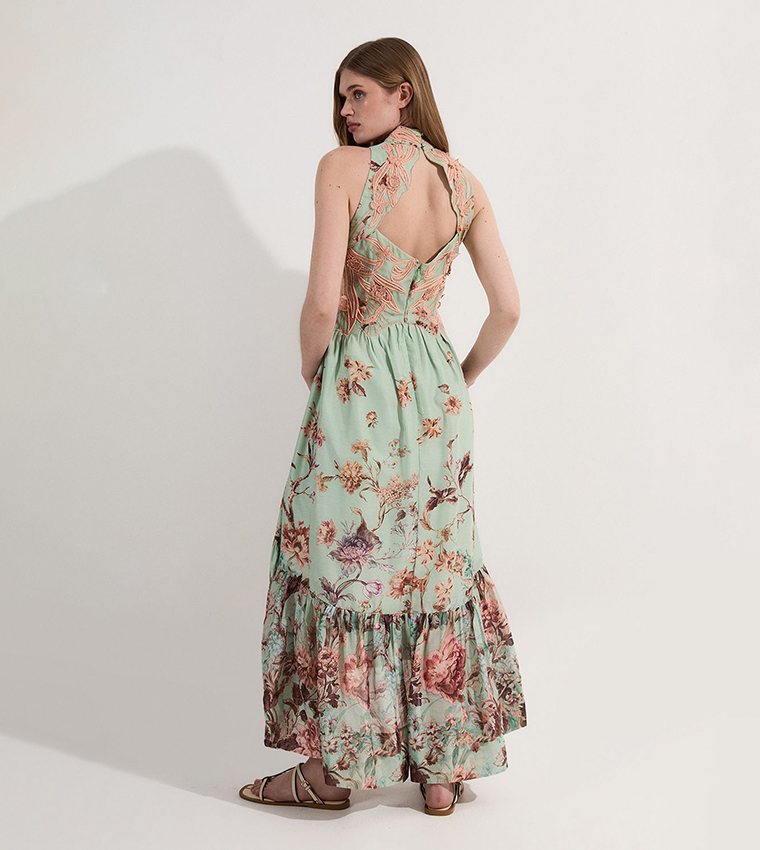 Floral Print Appliqued Lace Maxi Dress