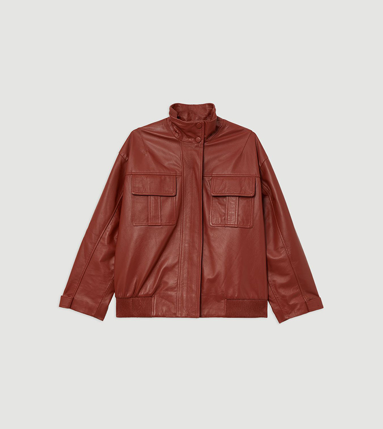 Leather Cargo Pocket Bomber Jacket