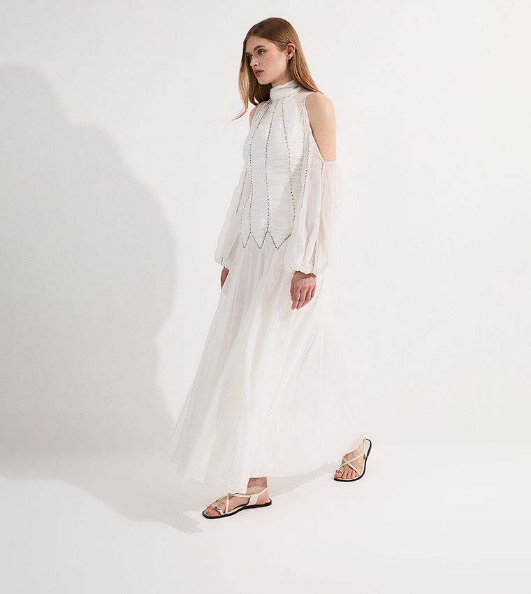 High Neck Embellished Ruched Georgette Maxi Dress