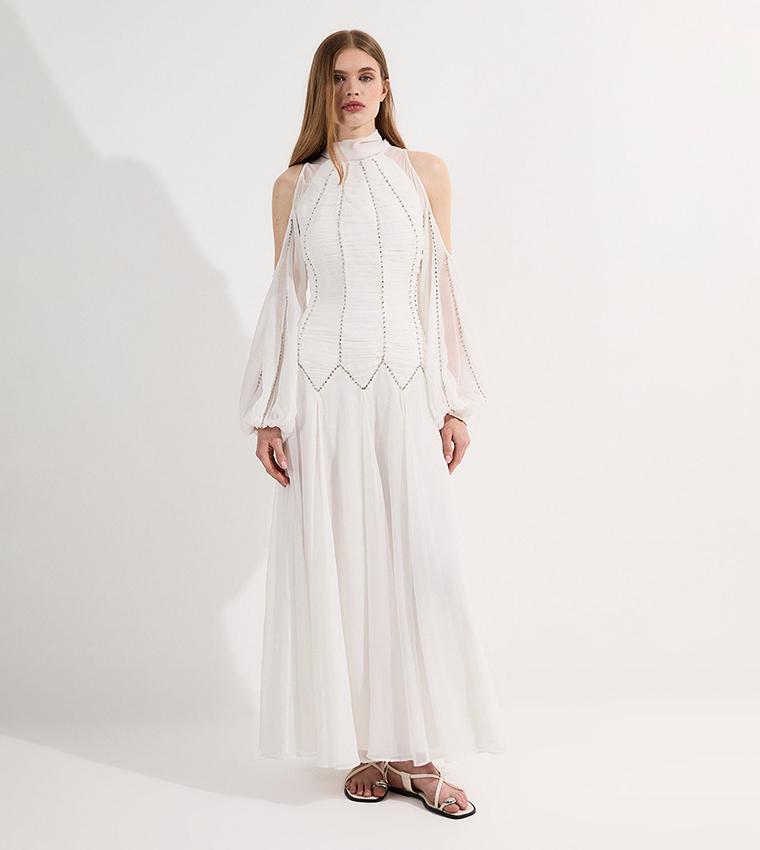 High Neck Embellished Ruched Georgette Maxi Dress