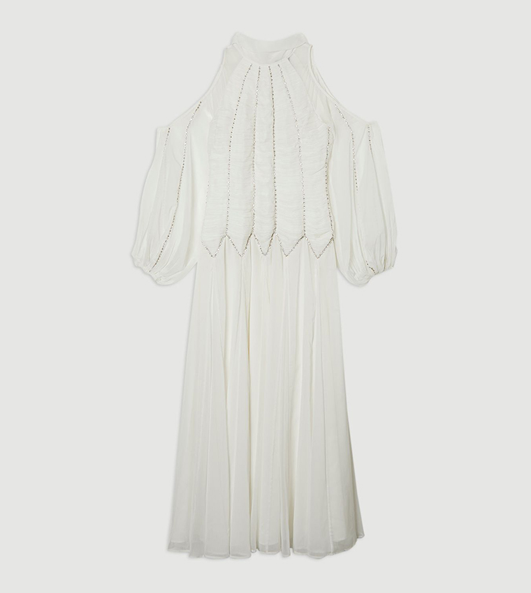 High Neck Embellished Ruched Georgette Maxi Dress