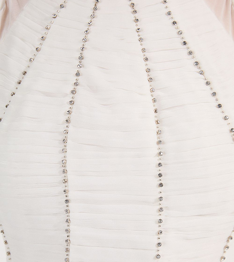 High Neck Embellished Ruched Georgette Maxi Dress