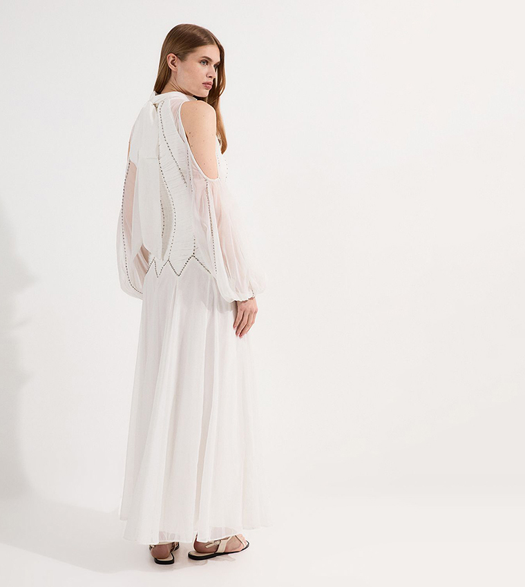 High Neck Embellished Ruched Georgette Maxi Dress
