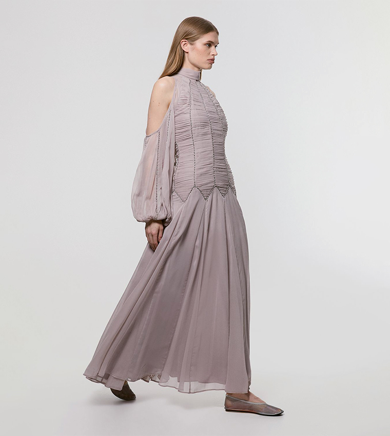 Embellished High Neck Ruched Georgette Maxi Dress