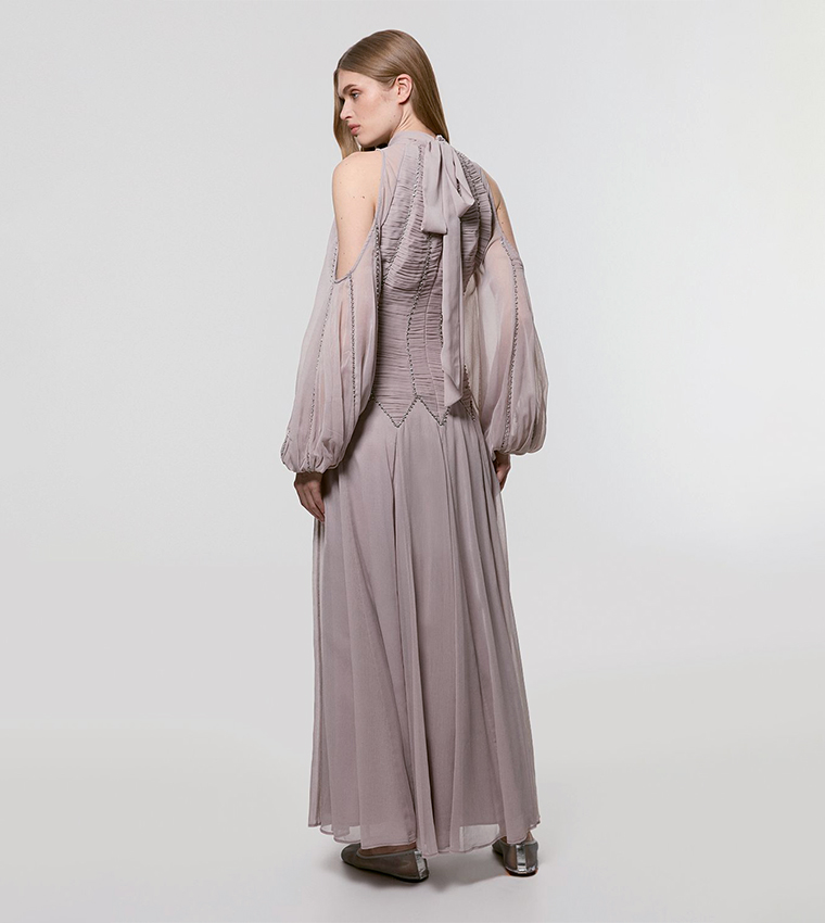 Embellished High Neck Ruched Georgette Maxi Dress