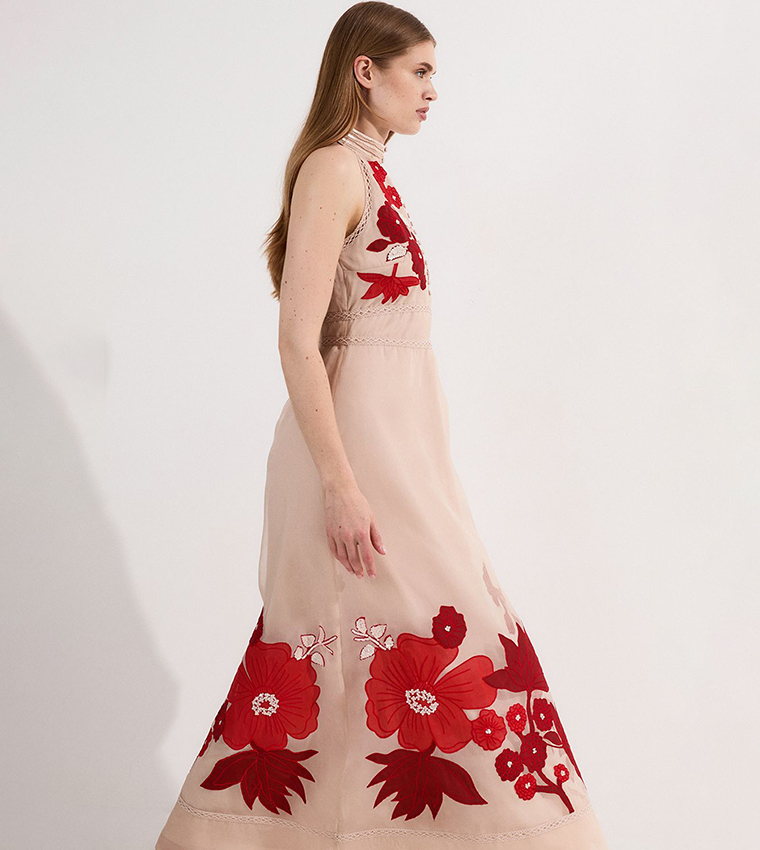 Applique Organdie Buttoned Halter Neck Maxi Dress