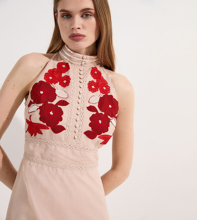 Applique Organdie Buttoned Halter Neck Maxi Dress