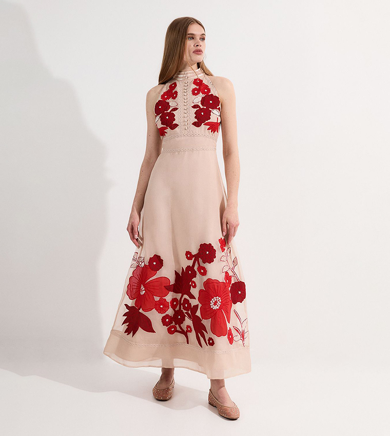 Applique Organdie Buttoned Halter Neck Maxi Dress