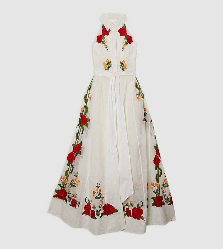 Applique Organdie Buttoned Halter Neck Maxi Dress