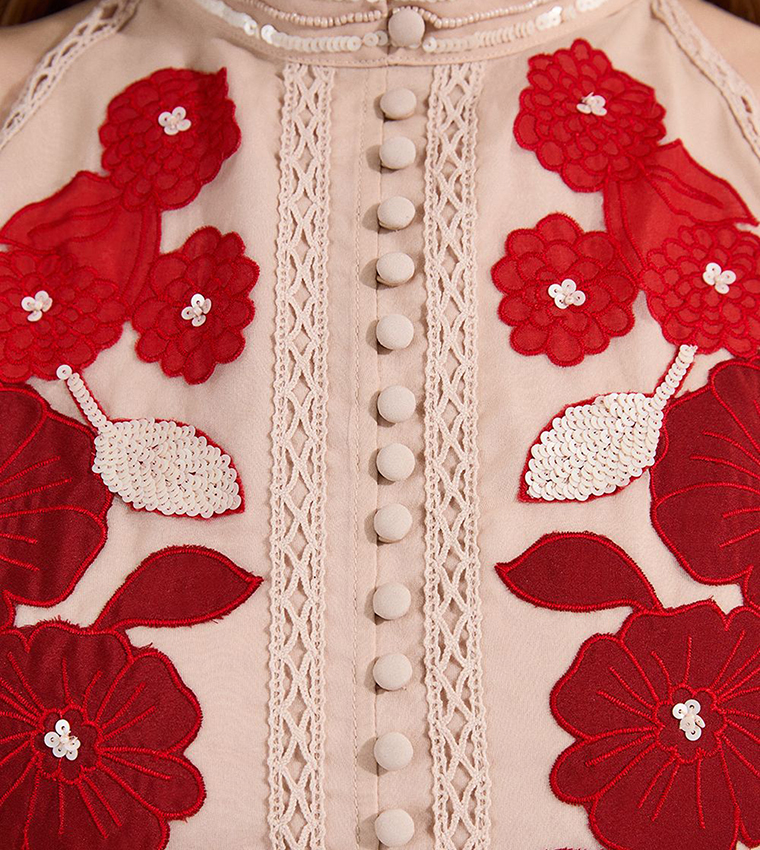 Applique Organdie Buttoned Halter Neck Maxi Dress