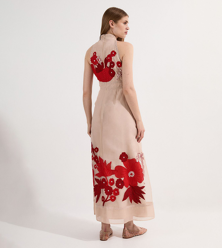 Applique Organdie Buttoned Halter Neck Maxi Dress