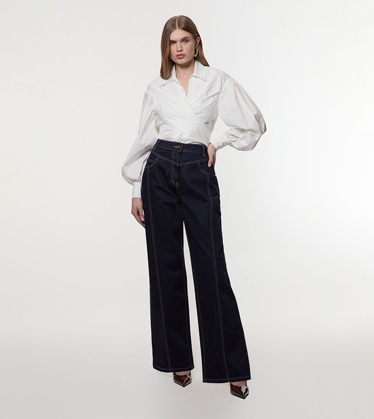 Petite Contrast Stitch Detail Straight Fit Jeans
