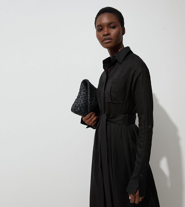Viscose Linen Woven Belted Shirt Dress