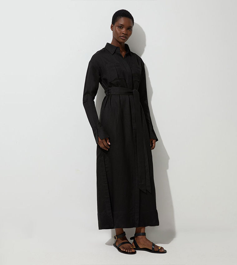 Viscose Linen Woven Belted Shirt Dress