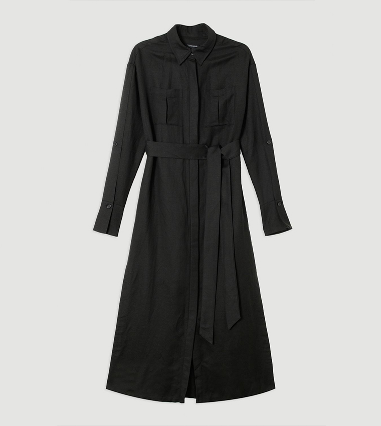 Viscose Linen Woven Belted Shirt Dress