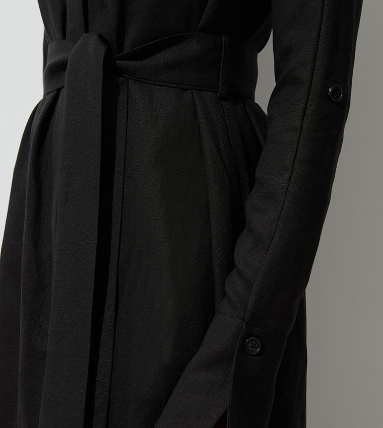 Viscose Linen Woven Belted Shirt Dress