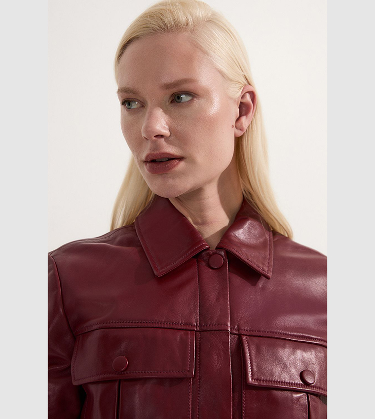 Detachable Wrap Belt Detail Leather Safari Jacket