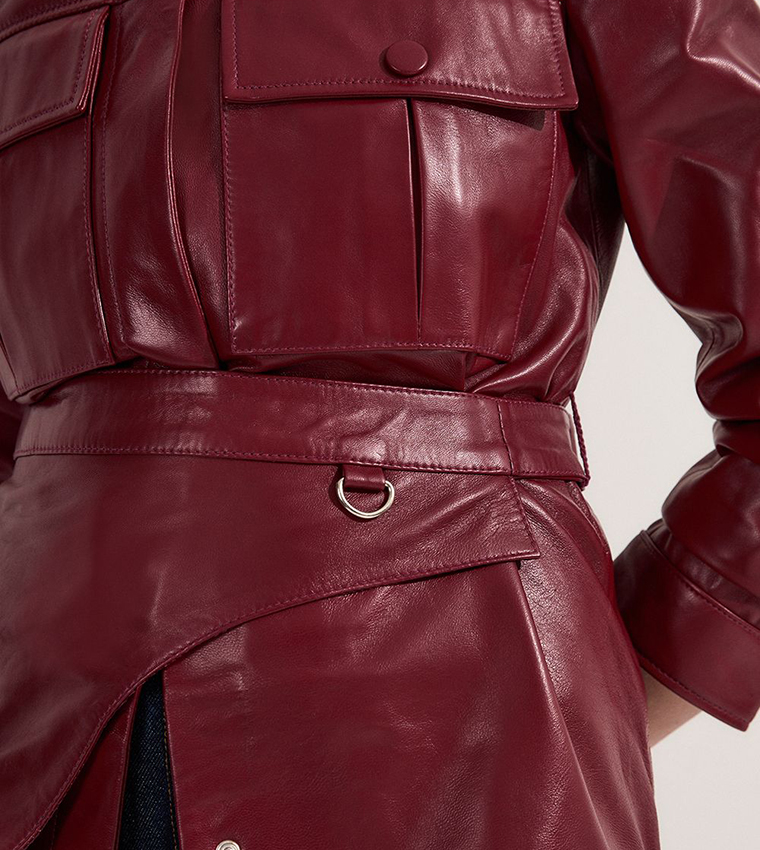 Detachable Wrap Belt Detail Leather Safari Jacket
