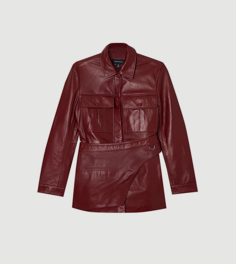 Detachable Wrap Belt Detail Leather Safari Jacket