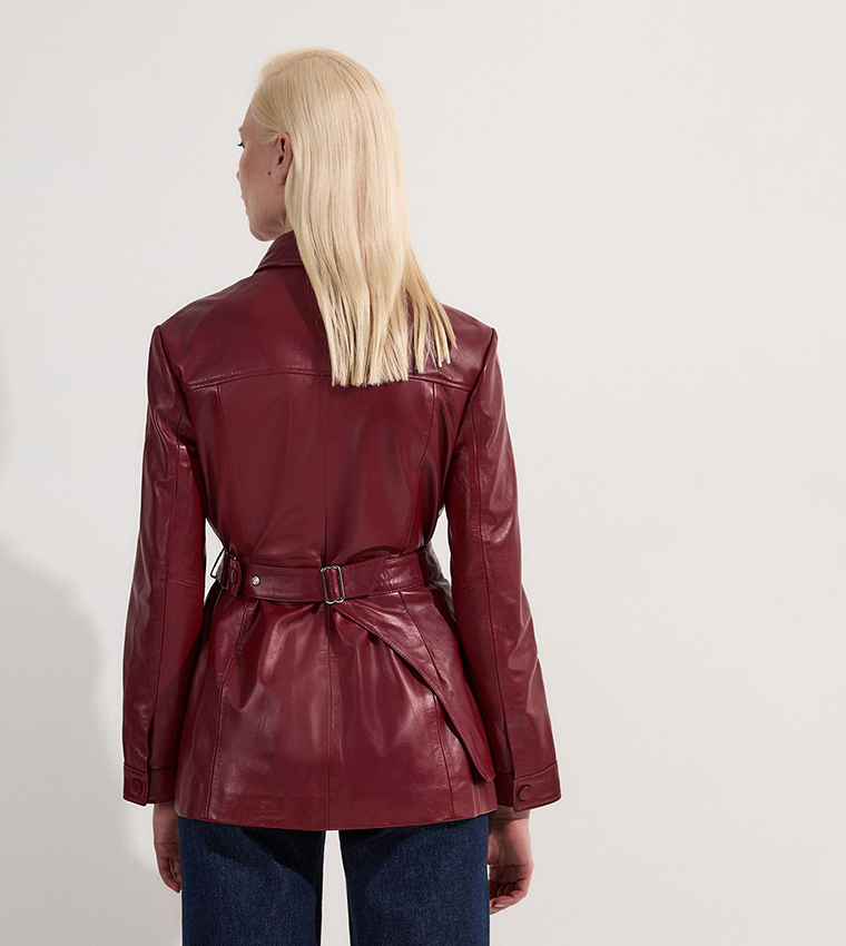 Detachable Wrap Belt Detail Leather Safari Jacket