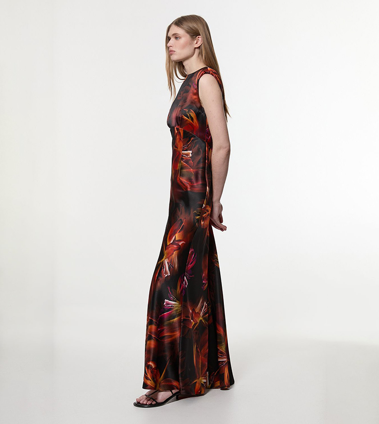 Satin Strong Shoulder Woven Maxi Dress