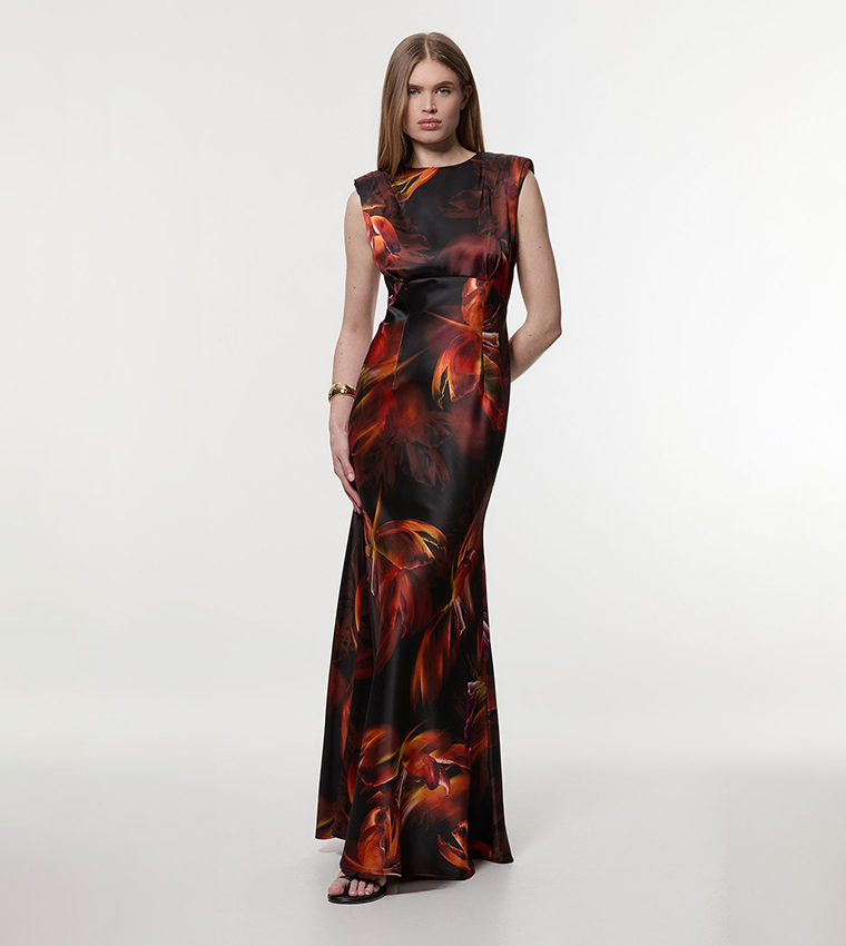 Satin Strong Shoulder Woven Maxi Dress