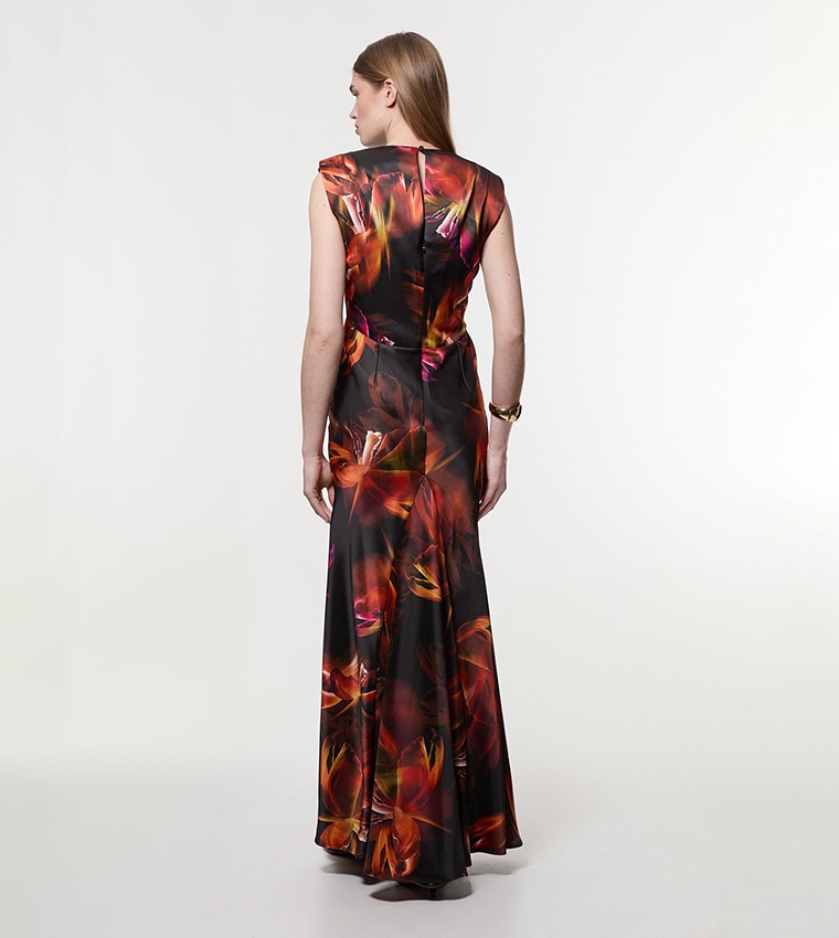 Satin Strong Shoulder Woven Maxi Dress
