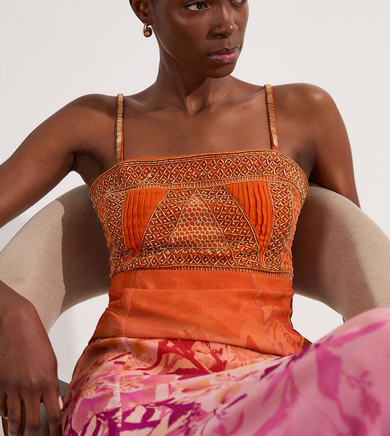 Embellished Ombre Floral Pleated Woven Bandeau Maxi Dress
