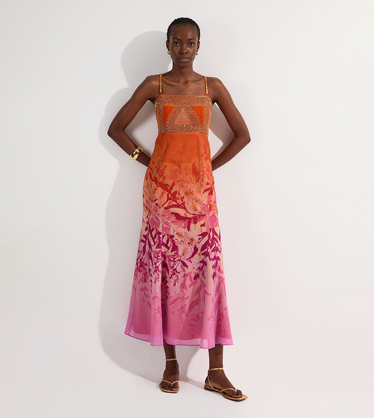 Embellished Ombre Floral Pleated Woven Bandeau Maxi Dress