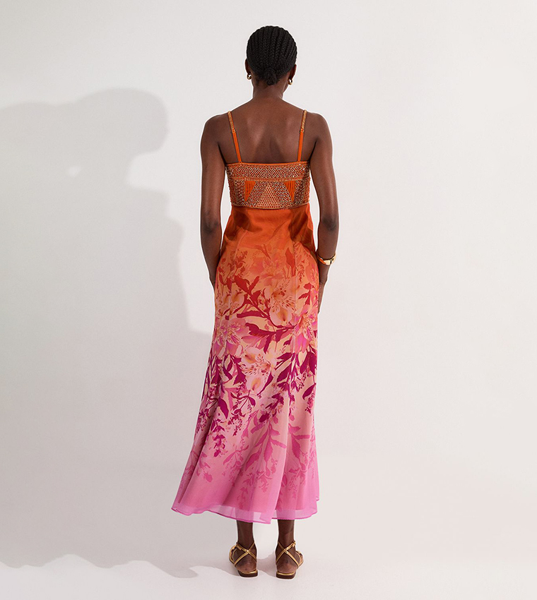 Embellished Ombre Floral Pleated Woven Bandeau Maxi Dress